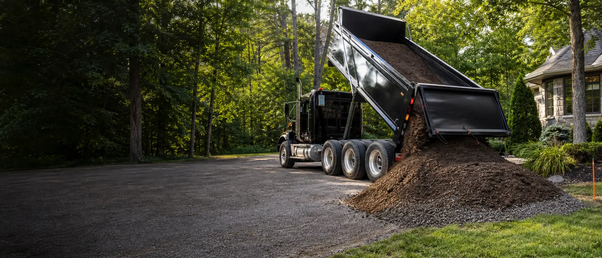 Tri-axle dump truck unloading bulk topsoil