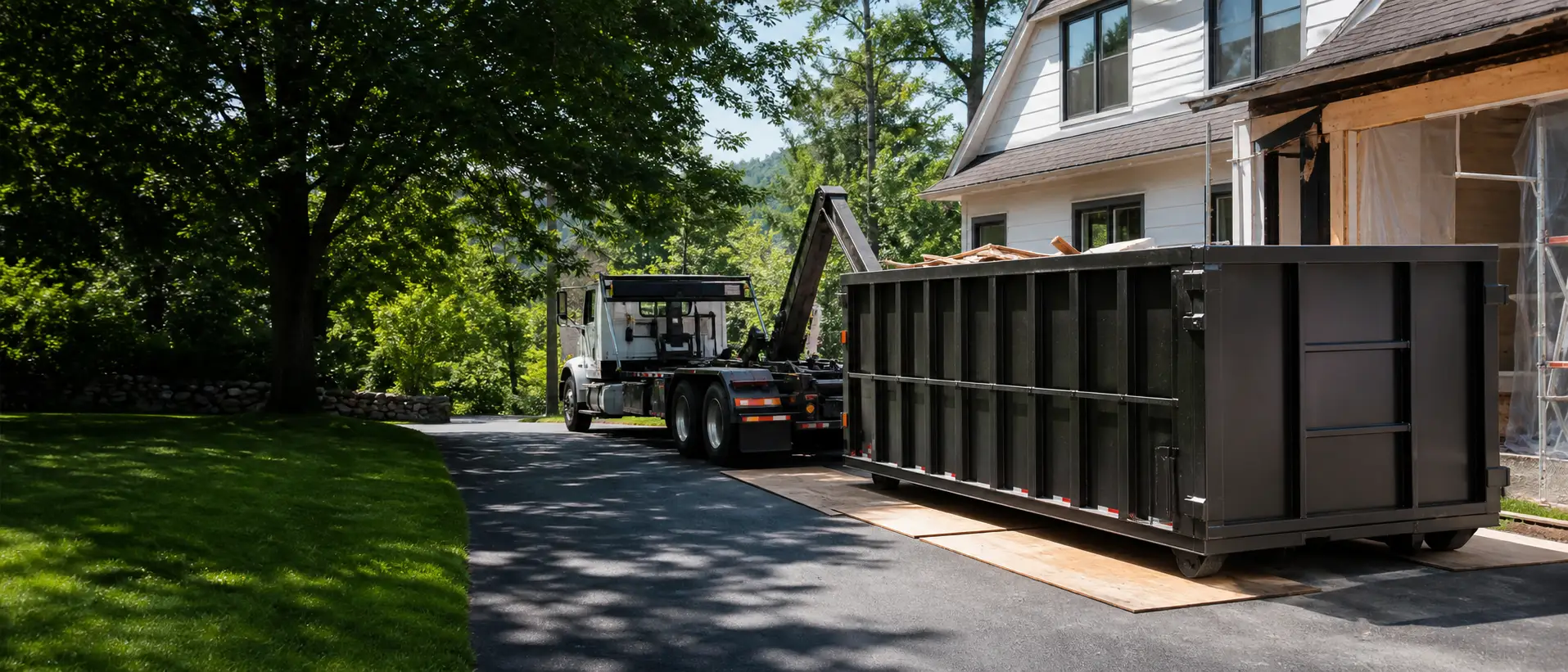 Roll-off dumpster on a Hudson Valley residential driveway