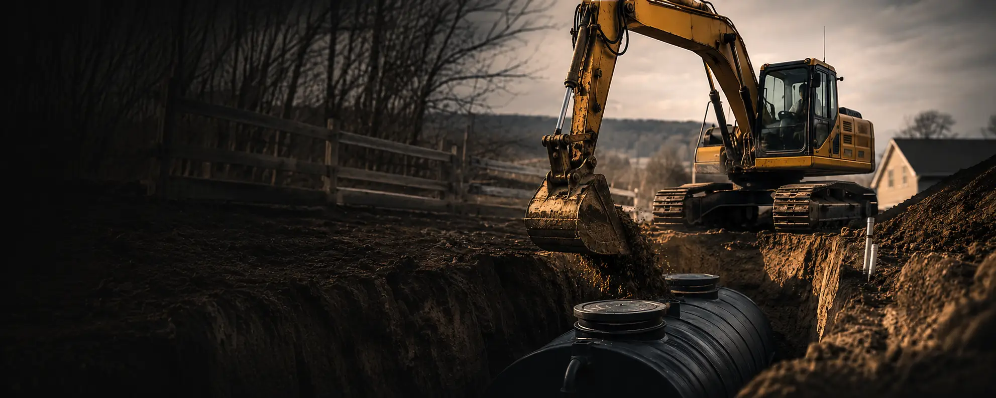 Excavator setting septic tank on a Hudson Valley job site